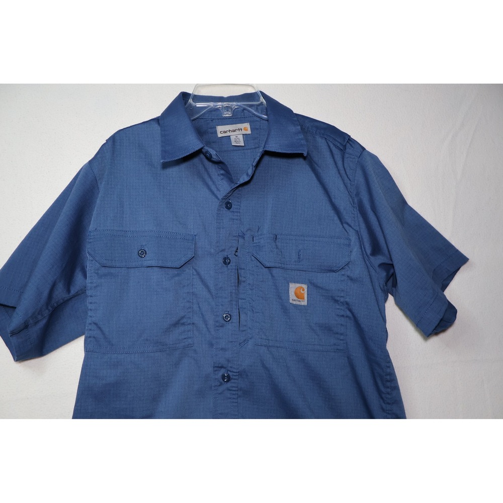Carhartt Mens Blue Ripstop Short Sleeve Button Down Work Shirt Medium 396-19